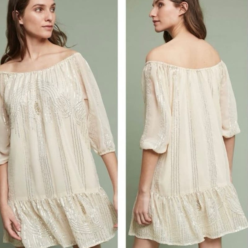 Anthropologie Carolina K Women’s Charo Off Shoulder Cream‎ Sequined Boho Dress